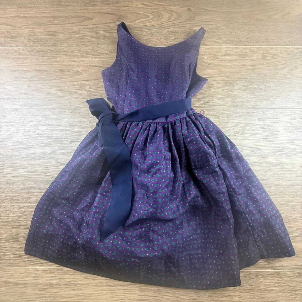 Ralph Lauren Girls Purple Paisley Party Dress Button Back Sash Sleeveless Sz 10